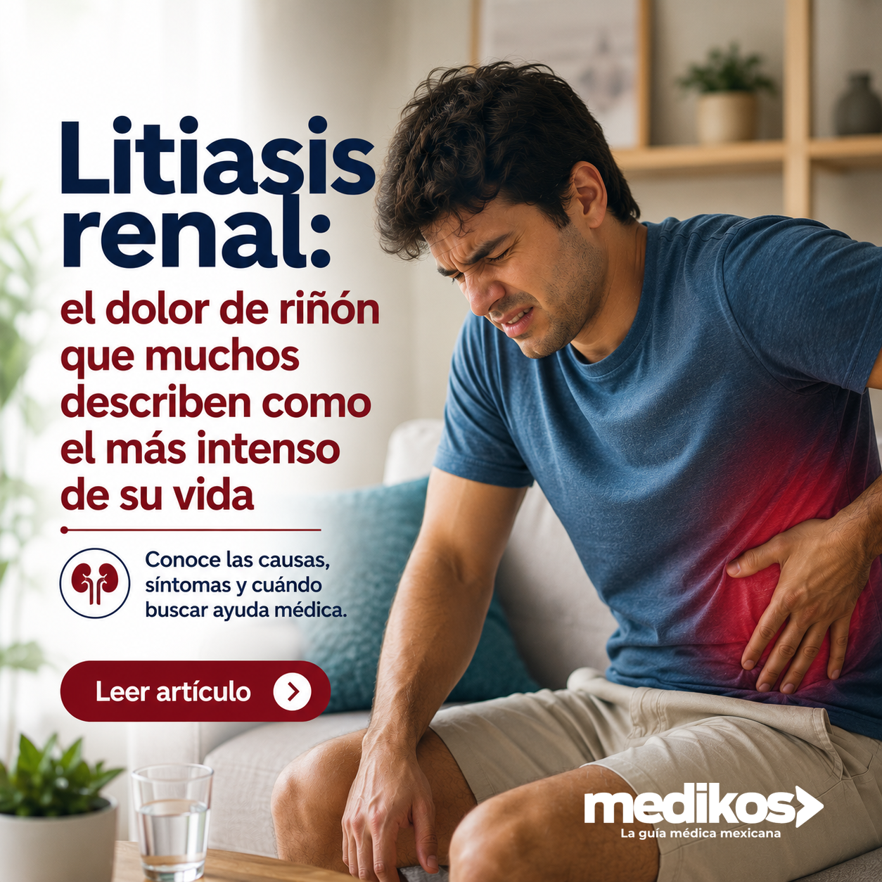 Hombre con dolor en el costado para artículo sobre litiasis renal